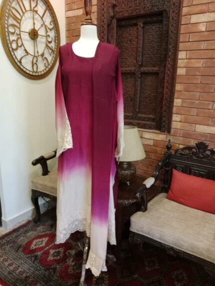 Korean Rawsilk Double Shade Suits with Lace Work / Chiffon Dupatta Pink and White
