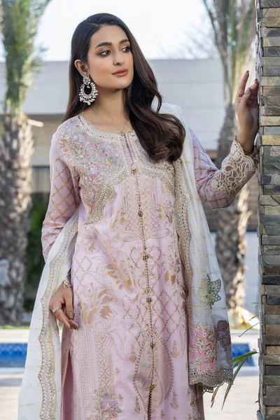 3 Piece Light Pink Composed Jacquard Suit Pret