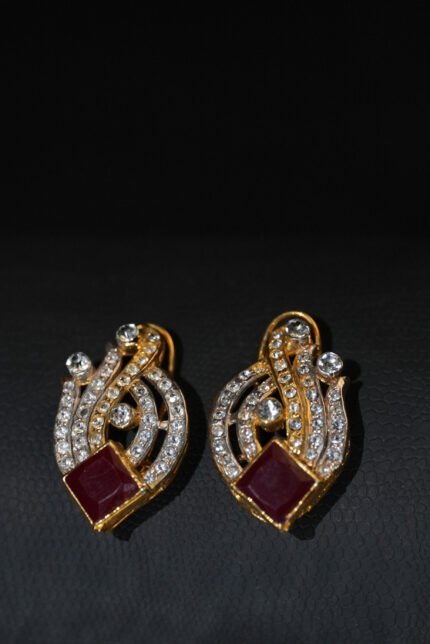 Elegant Gold and Diamond Swirl Earrings with Bold Red Square Stone | Luxury Earrings with Diamond Detail | A.S Xpression