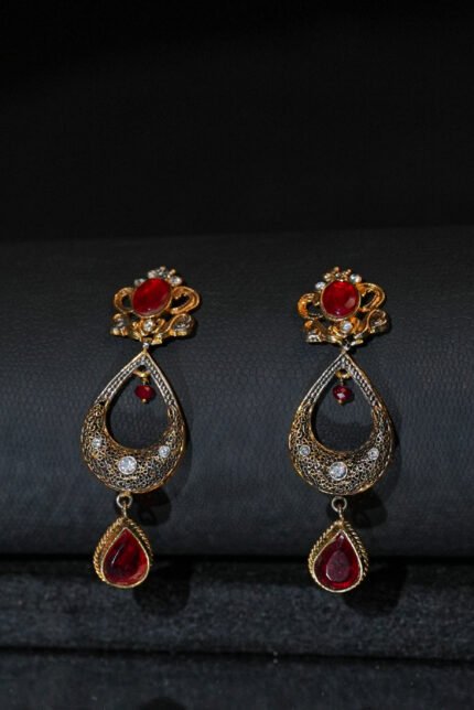 Traditional Gold Earrings with Red Stone Details and Teardrop Dangle | Elegant Red and Gold Earrings | A.S Xpression