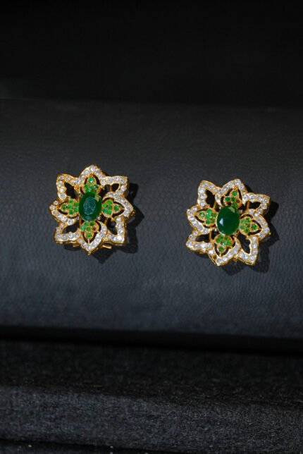Floral Earrings with Green Gemstone Center | Elegant Luxury Jewelry | AS Xpression